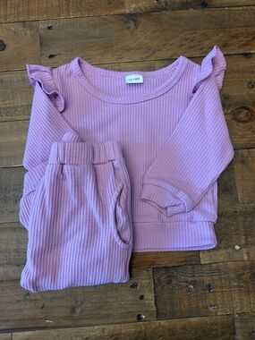 Lilac Waffle Knit Ruffle Shoulder Top & Pants Set